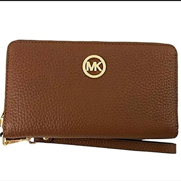 Michael Kors Handbags - Michael Kors Chestnut Pebbled Leather Wristlet Wallet with Gold MK Emblem